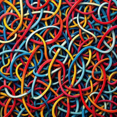 The primary subject of the image is a large, colorful, and intricate pattern made up of many interconnected loops. The pattern is composed of various colors, including red, blue, yellow, and green, creating a vibrant and lively atmosphere. The setting is a wall, and the visual style appears to be a combination of digital art and illustration. The overall mood of the image is energetic and engaging, with the pattern capturing the viewer's attention and inviting them to explore its many interconnected loops.